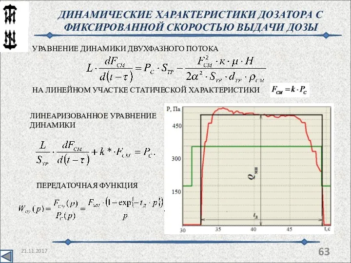 21.11.2017 ДИНАМИЧЕСКИЕ ХАРАКТЕРИСТИКИ ДОЗАТОРА С ФИКСИРОВАННОЙ СКОРОСТЬЮ ВЫДАЧИ ДОЗЫ УРАВНЕНИЕ