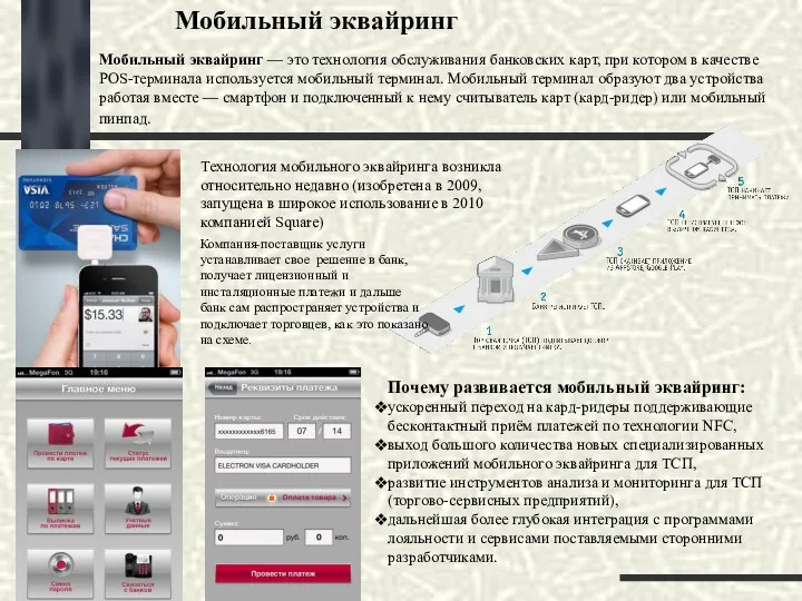 Мобильный эквайринг Мобильный эквайринг — это технология обслуживания банковских карт,