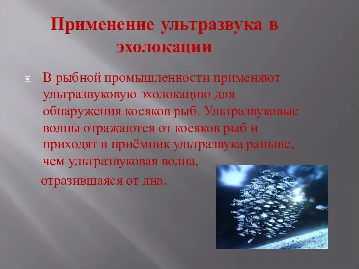 Применение ультразвука в эхолокации В рыбной промышленности применяют ультразвуковую эхолокацию