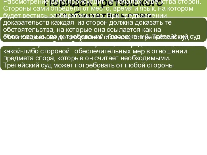 Порядок третейского разбирательства Рассмотрение дела происходит на началах равенства сторон.