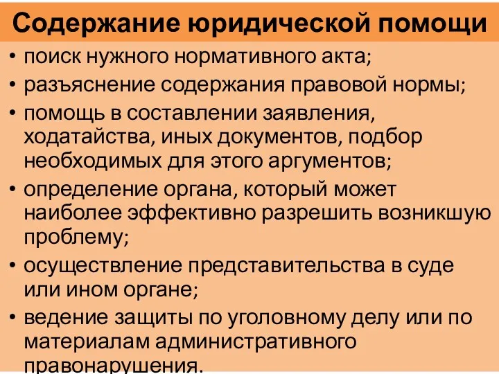 Содержание юридической помощи поиск нужного нормативного акта; разъяснение содержания правовой