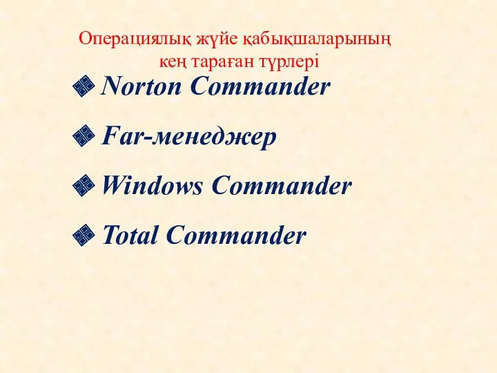 Norton Commander Far-менеджер Windows Commander Total Commander Операциялық жүйе қабықшаларының кең тараған түрлері