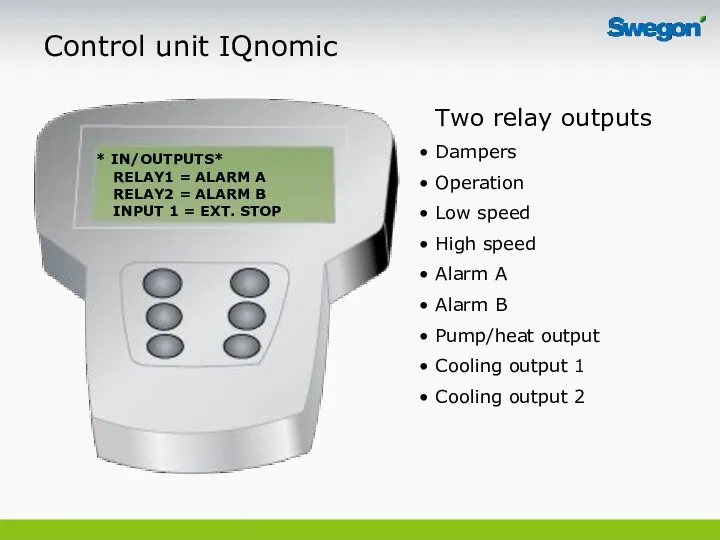 Control unit IQnomic Two relay outputs Dampers Operation Low speed High speed Alarm
