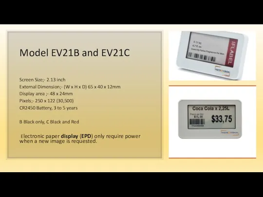 Model EV21B and EV21C Screen Size;- 2.13 inch External Dimension;-