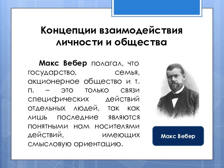 Концепции взаимодействия личности и общества Макс Вебер полагал, что государство,