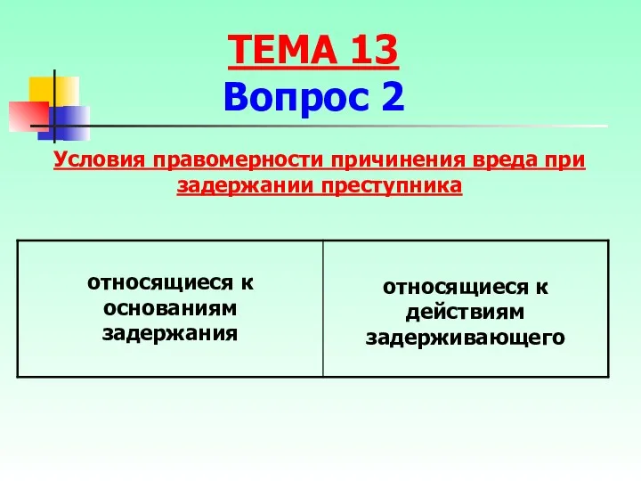 Условия правомерности причинения вреда при задержании преступника ТЕМА 13 Вопрос 2