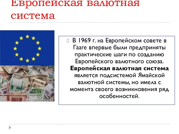 Европейская валютная система В 1969 г. на Европейском совете в Гааге впервые были