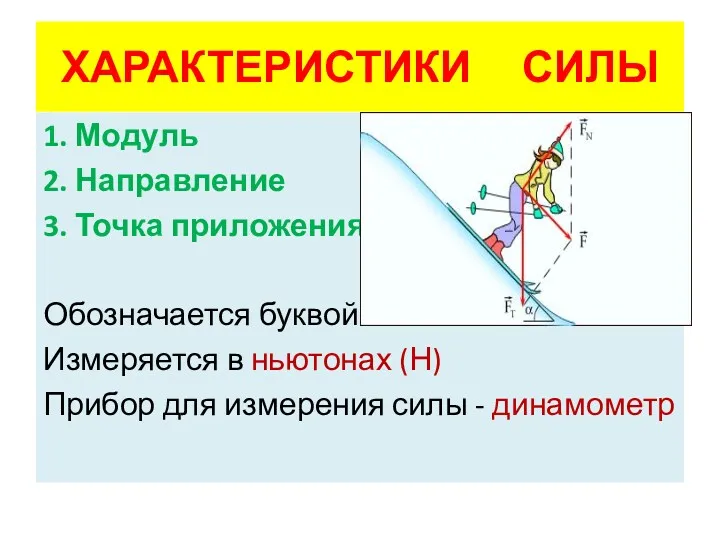 ХАРАКТЕРИСТИКИ СИЛЫ 1. Модуль 2. Направление 3. Точка приложения Обозначается