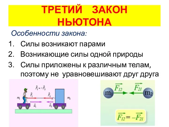 ТРЕТИЙ ЗАКОН НЬЮТОНА Особенности закона: Силы возникают парами Возникающие силы