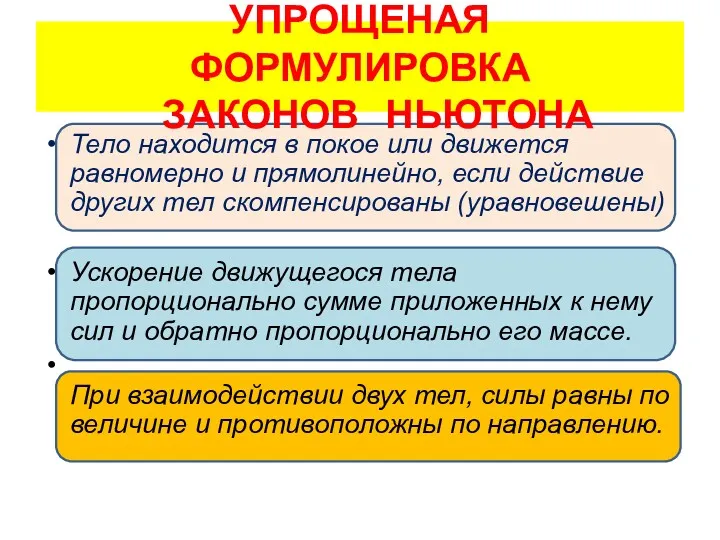 УПРОЩЕНАЯ ФОРМУЛИРОВКА ЗАКОНОВ НЬЮТОНА Тело находится в покое или движется