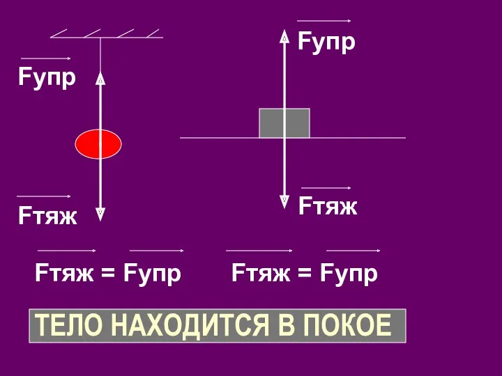 ТЕЛО НАХОДИТСЯ В ПОКОЕ Fтяж Fупр Fтяж = Fупр Fтяж Fупр Fтяж = Fупр