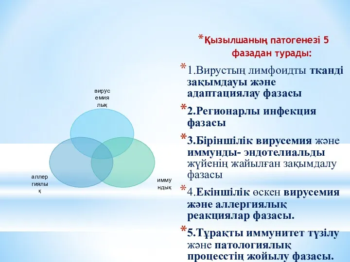 Қызылшаның патогенезі 5 фазадан турады: 1.Вирустың лимфоидты тканді зақымдауы және