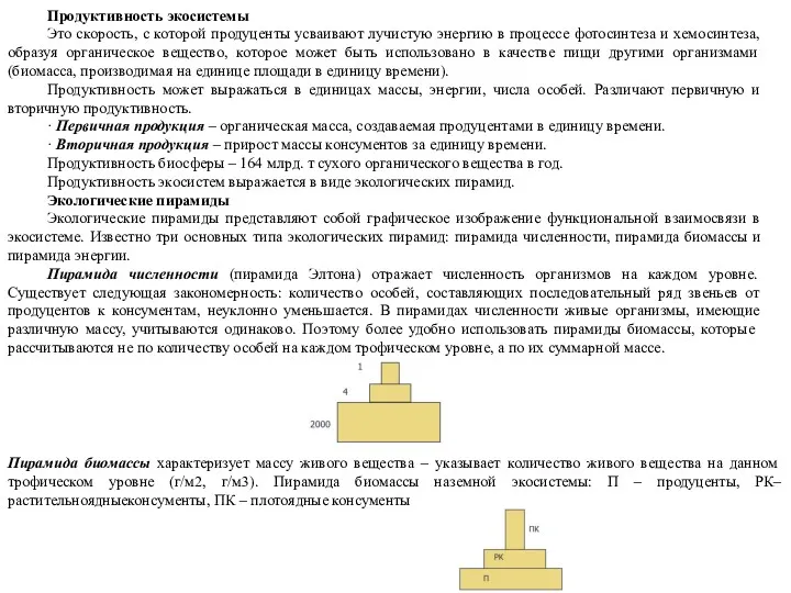 Продуктивность экосистемы Это скорость, с которой продуценты усваивают лучистую энергию