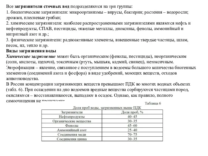 Все загрязнители сточных вод подразделяются на три группы: 1. биологические