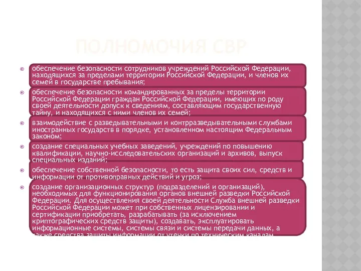 ПОЛНОМОЧИЯ СВР обеспечение безопасности сотрудников учреждений Российской Федерации, находящихся за