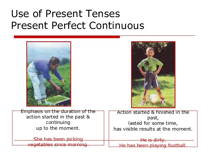 Use of Present Tenses Present Perfect Continuous Emphasis on the