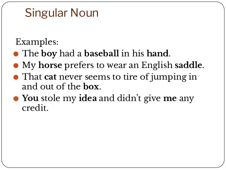 Singular Noun Examples: The boy had a baseball in his