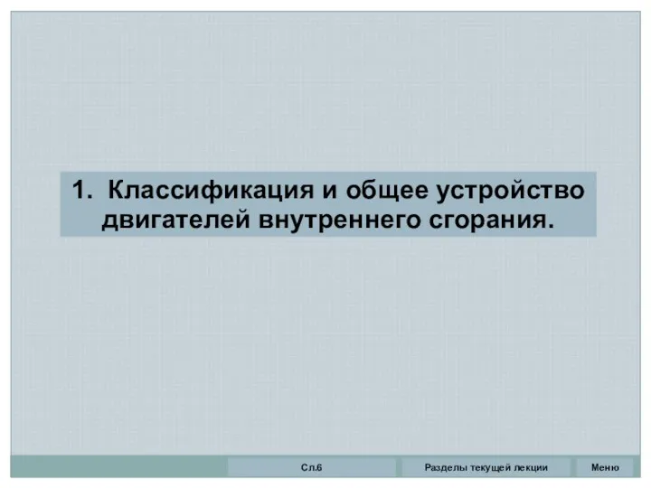 Разделы текущей лекции Сл.6 Меню 1. Классификация и общее устройство двигателей внутреннего сгорания.