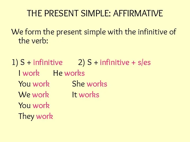 THE PRESENT SIMPLE: AFFIRMATIVE We form the present simple with