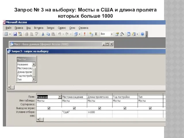 Запрос № 3 на выборку: Мосты в США и длина пролета которых больше 1000