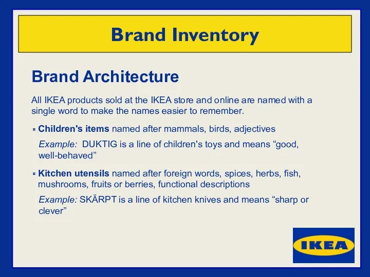 Brand Inventory Brand Architecture All IKEA products sold at the