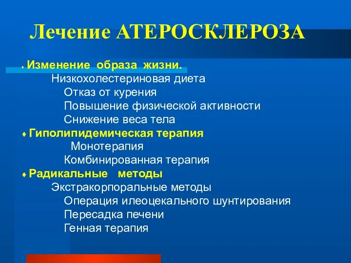 Лечение АТЕРОСКЛЕРОЗА ♦ Изменение образа жизни. Низкохолестериновая диета Отказ от