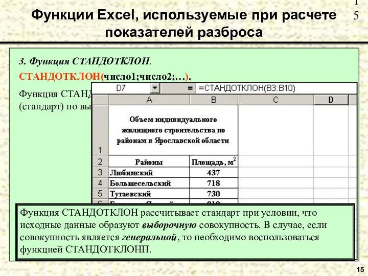 15 Функции Excel, используемые при расчете показателей разброса 3. Функция