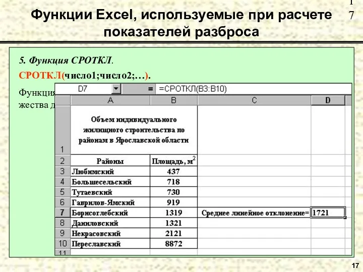 17 Функции Excel, используемые при расчете показателей разброса 5. Функция