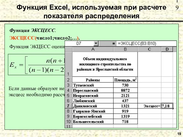 19 Функция Excel, используемая при расчете показателя распределения Функция ЭКСЦЕСС.