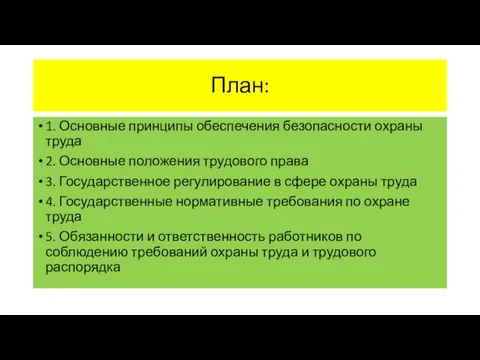 План: 1. Основные принципы обеспечения безопасности охраны труда 2. Основные