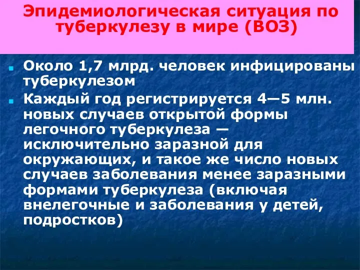 Эпидемиологическая ситуация по туберкулезу в мире (ВОЗ) Около 1,7 млрд.