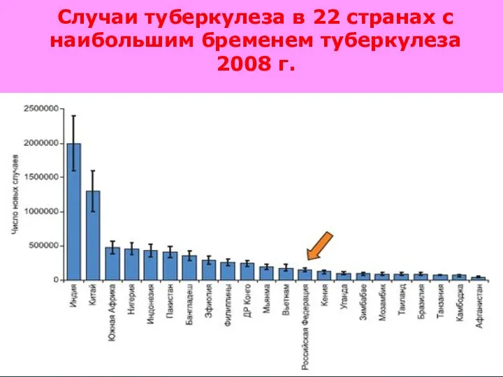 Случаи туберкулеза в 22 странах с наибольшим бременем туберкулеза 2008 г.