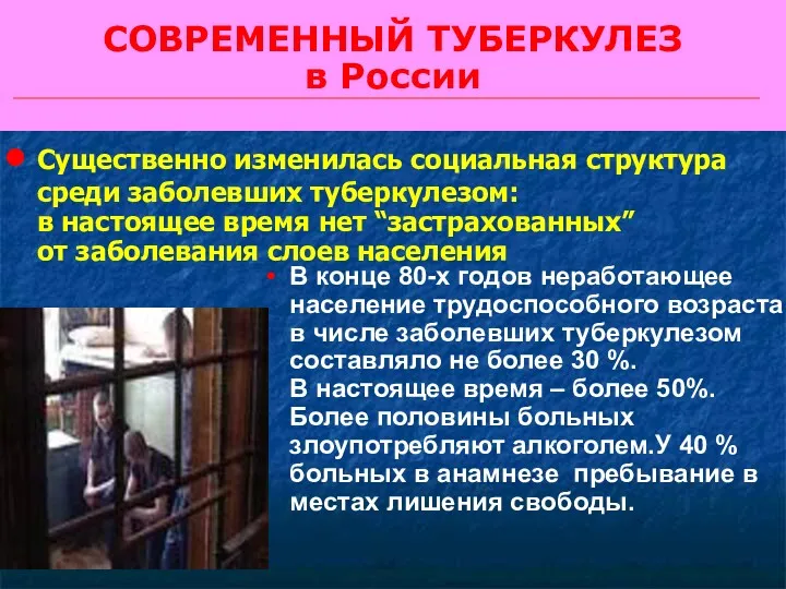 СОВРЕМЕННЫЙ ТУБЕРКУЛЕЗ в России Существенно изменилась социальная структура среди заболевших