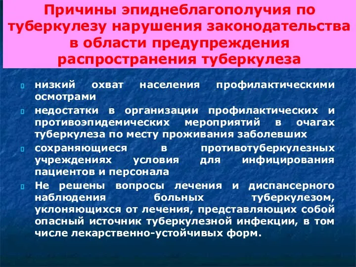 Причины эпиднеблагополучия по туберкулезу нарушения законодательства в области предупреждения распространения