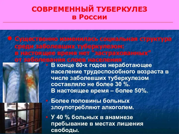 СОВРЕМЕННЫЙ ТУБЕРКУЛЕЗ в России Существенно изменилась социальная структура среди заболевших