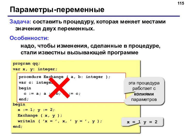 Параметры-переменные Задача: составить процедуру, которая меняет местами значения двух переменных.