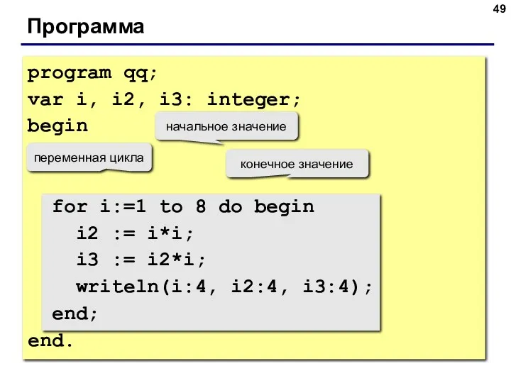 Программа program qq; var i, i2, i3: integer; begin for
