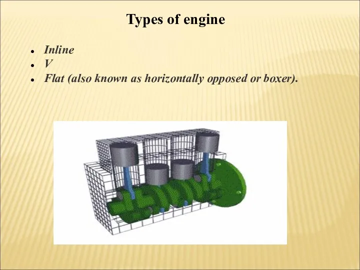 Types of engine Inline V Flat (also known as horizontally opposed or boxer).