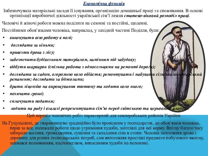 Економічна функція Забезпечувала матеріальні засади її існування, організацію домашньої праці