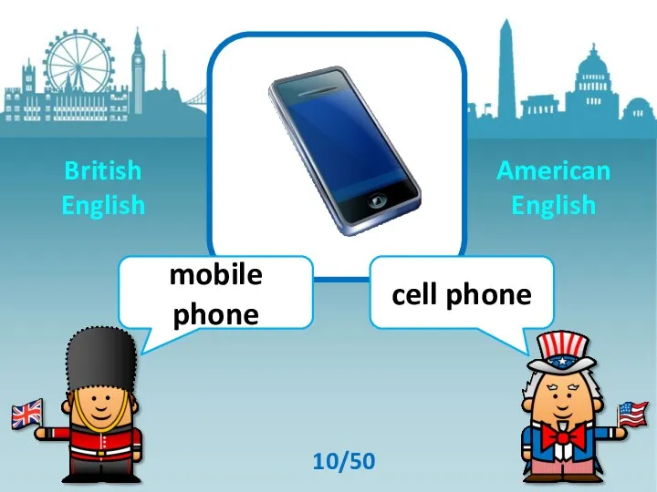 mobile phone cell phone 10/50 British English American English