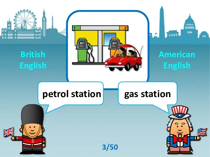 petrol station gas station 3/50 British English American English