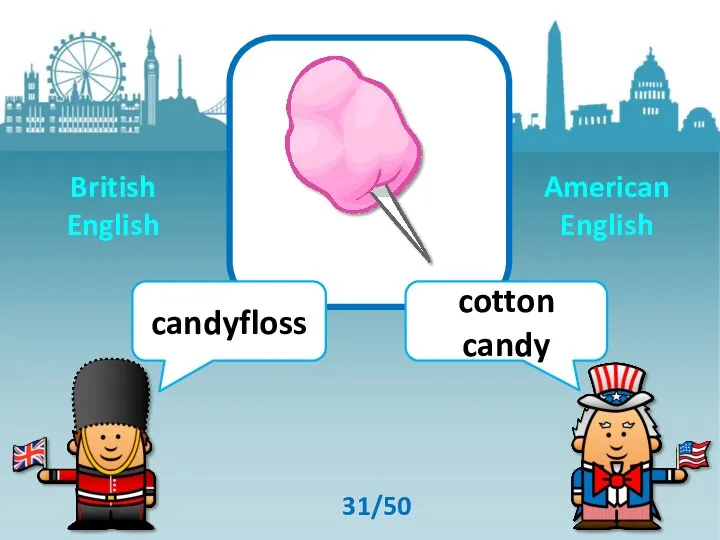 candyfloss cotton candy 31/50 British English American English