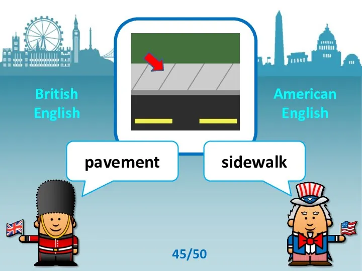 pavement sidewalk 45/50 British English American English