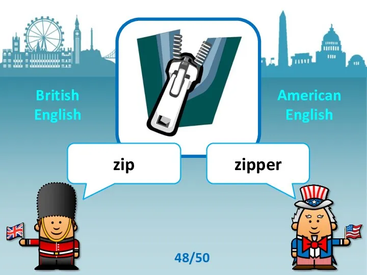 zip zipper 48/50 British English American English