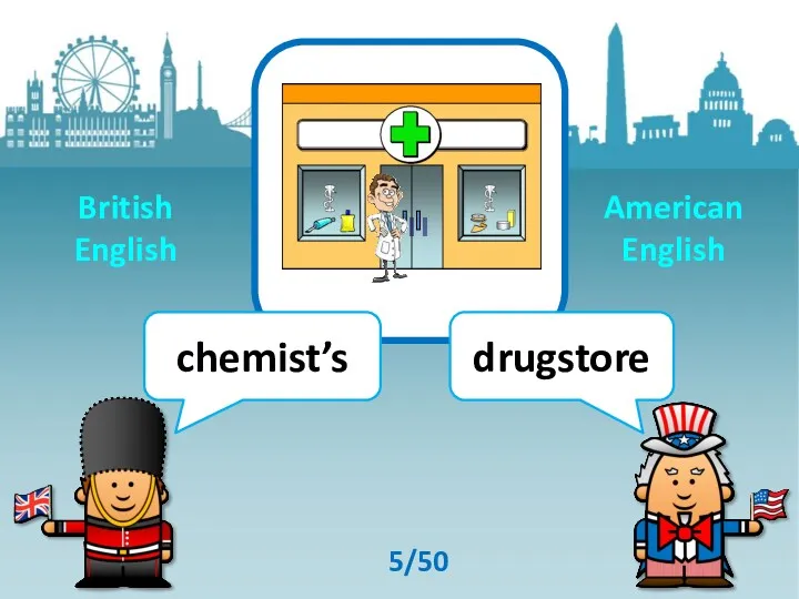 chemist’s drugstore 5/50 British English American English