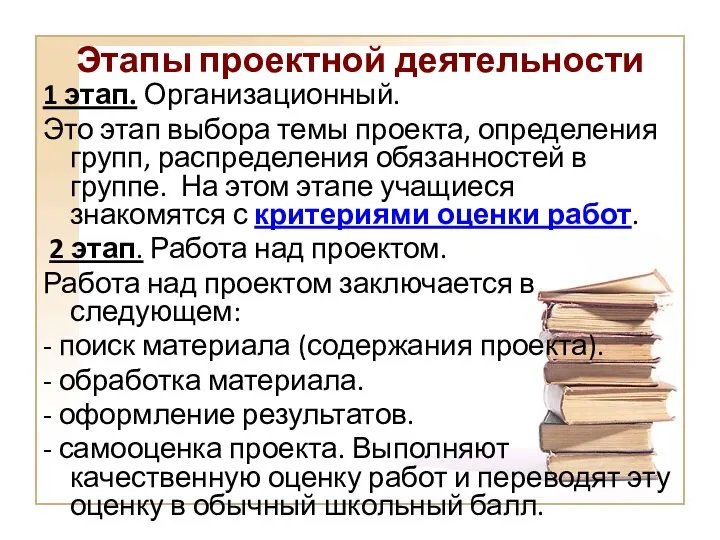 Этапы проектной деятельности 1 этап. Организационный. Это этап выбора темы