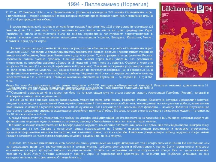 1994 - Лиллехаммер (Норвегия) С 12 по 27 февраля 1994