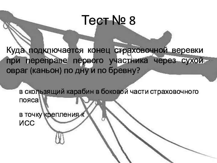 Тест № 8 Куда подключается конец страховочной веревки при переправе