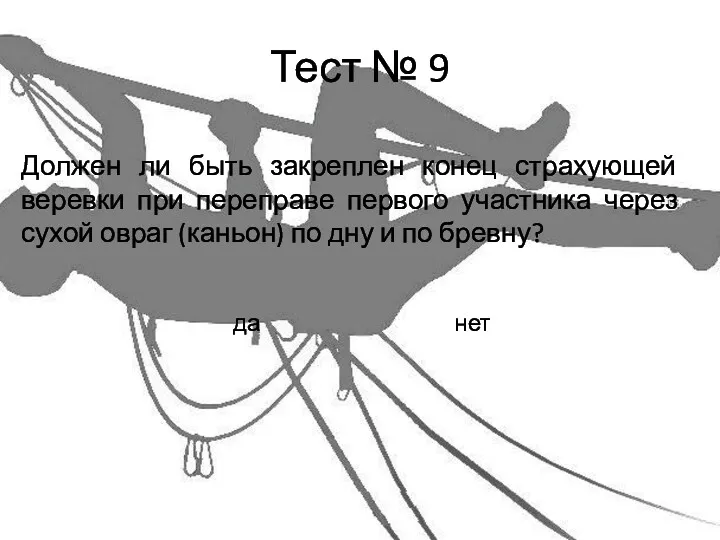 Тест № 9 Должен ли быть закреплен конец страхующей веревки