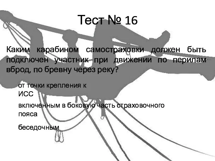 Тест № 16 Каким карабином самостраховки должен быть подключен участник